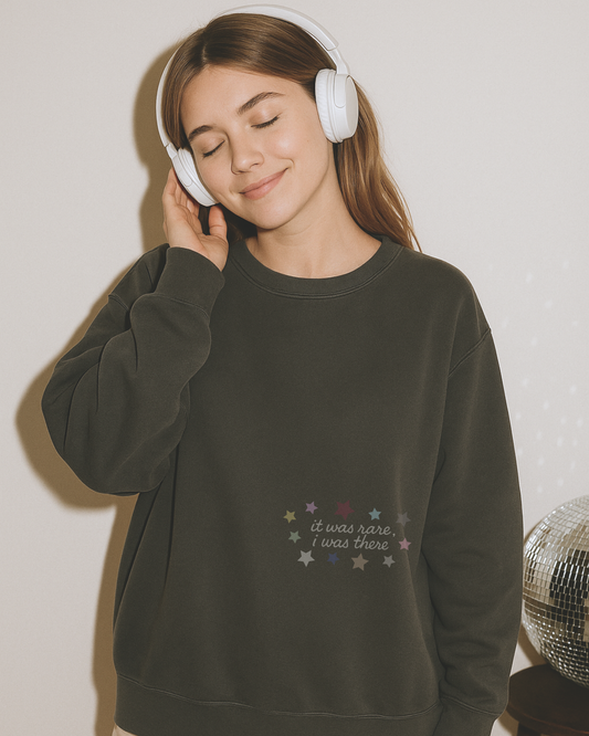 It Was Rare I was There Sweatshirt on model in Comfort Colors Pepper.