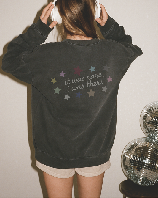 It Was Rare I was There Pepper Comfort Colors Sweatshirt on model with mirrorball decor and vibing with headphones on
