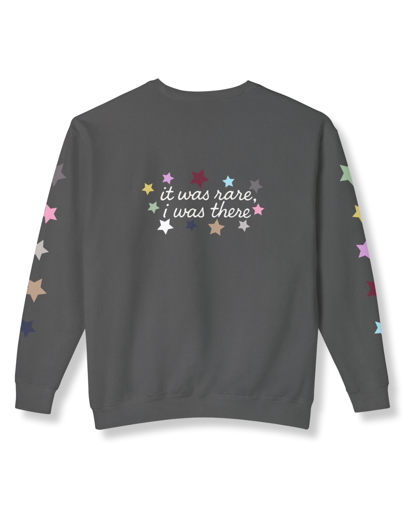 Back design detail of It Was Rare, I Was There sweatshirt with handwritten script and nostalgic stars