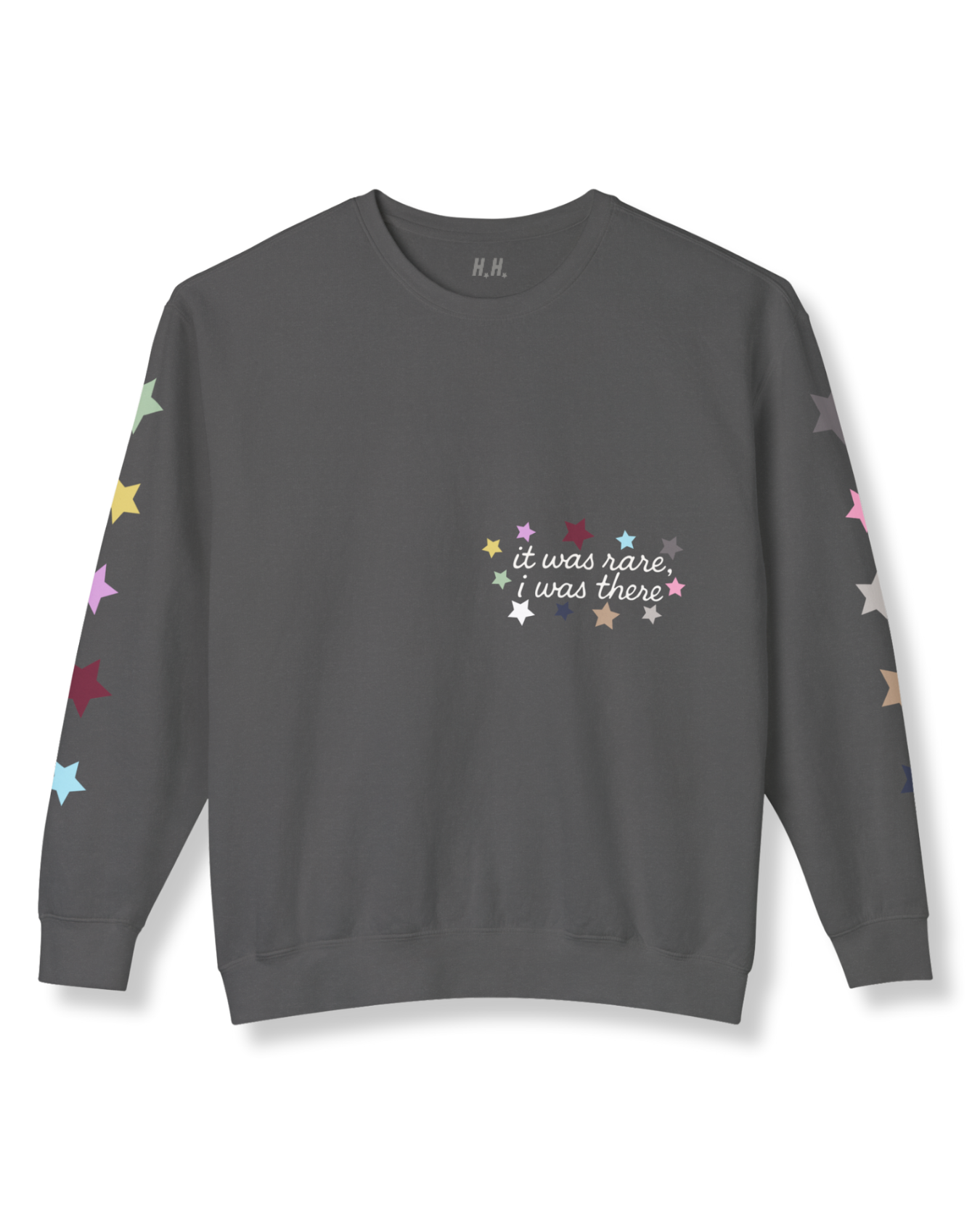 Close-up of front detail on It Was Rare, I Was There sweatshirt with handwritten cream lettering on Comfort Colors Pepper