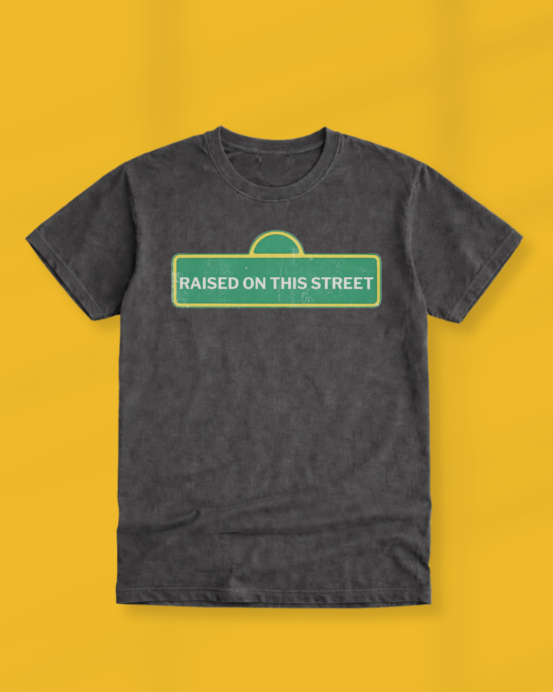 Unisex Comfort Colors 1717 Pepper tee featuring a vintage green street sign graphic that reads “Raised on This Street