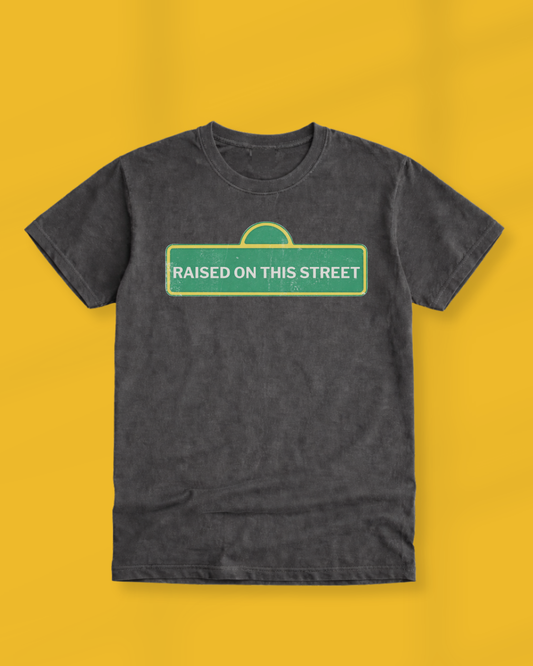 Unisex Comfort Colors 1717 Pepper tee featuring a vintage green street sign graphic that reads “Raised on This Street