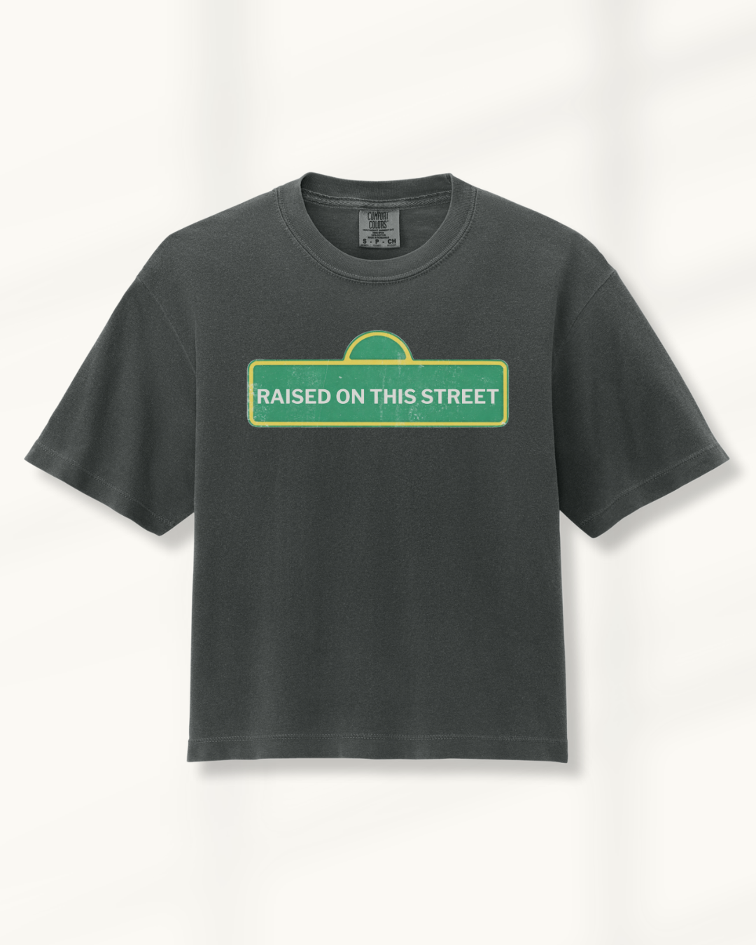 Unisex charcoal tee featuring a green vintage street sign graphic that reads “Raised on This Street.”